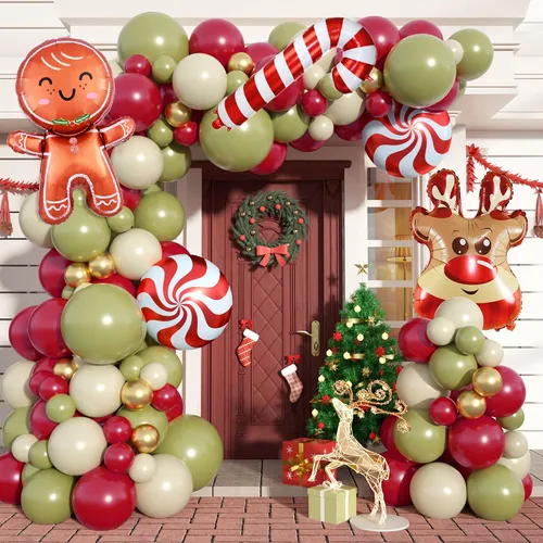 Miniatura 13 de Kit de Guirnalda de Globos de Navidad, 108 Piezas Globos Retro Verde Oscuro Rojo Oro Arco con Globos 4D, Globos de Caramelo en Forma de Bastón