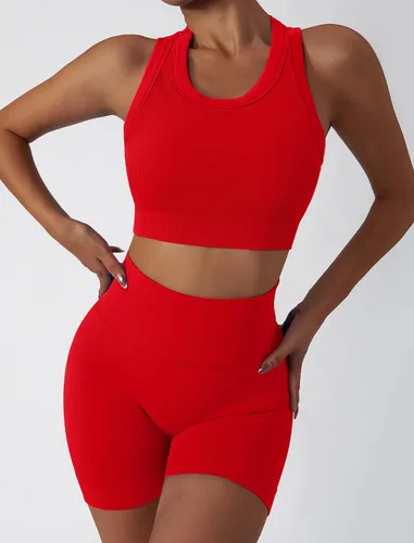 Miniatura 75 de Conjuntos de entrenamiento para mujer, 2 piezas, sin costuras, acanalada, sin mangas, brasier deportivo, cintura alta, pantalones cortos