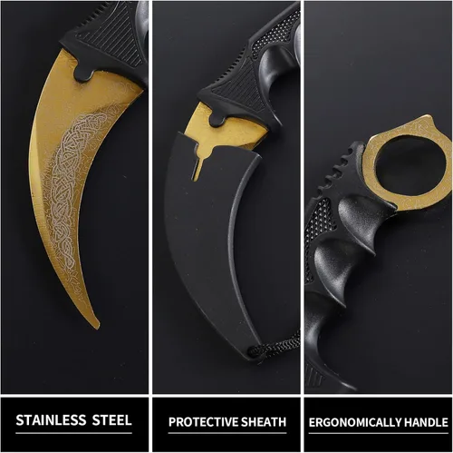 Miniatura 2 de Karambit - Cuchillo táctico de hoja fija, 2 piezas de acero inoxidable para exteriores, cuchillo de caza con funda y cable, adecuado para Dorado