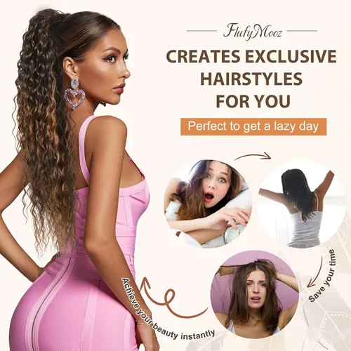 Miniatura 4 de Flufymooz Extensión de cola de caballo, 26 pulgadas, estilo bohemio, con cordón, extensiones de cabello para mujer, cola de caballo larga, rizada