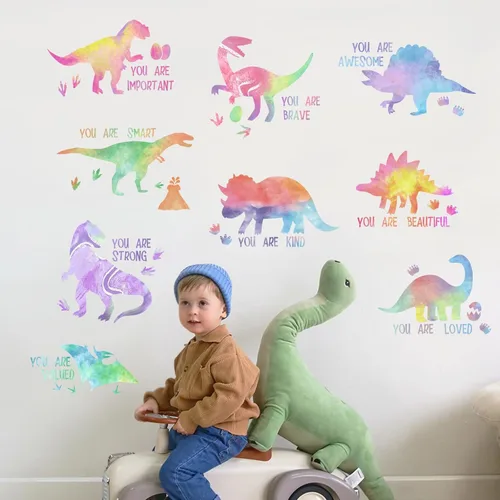 Miniatura 3 de Yovkky Calcomanías inspiradoras de pared de dinosaurio degradado pastel, con cita motivacional de dinosaurio, decoración neutra para guardería