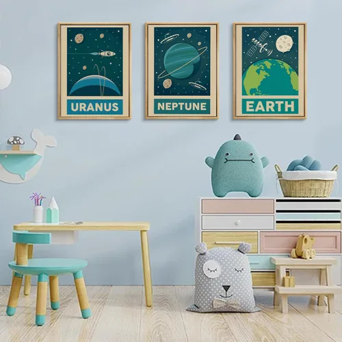 Miniatura 5 de 9 piezas de arte de pared retro del sistema solar para cuarto de niños, imágenes espaciales retroespaciales, galaxia, decoración de pared, pinturas