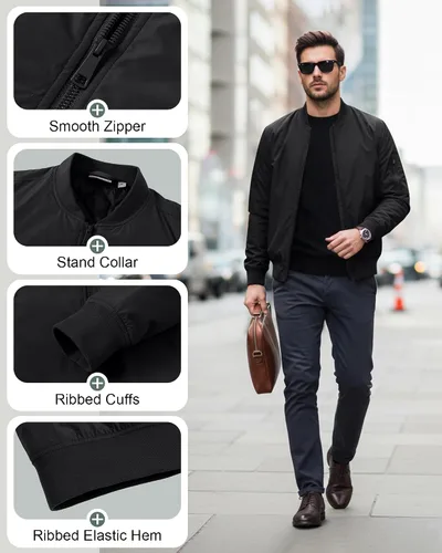 Miniatura 5 de 33,000ft Chaqueta bomber para hombre, impermeable, con cremallera, acolchada, ligera, cálida, casual, primavera, otoño e invierno Negro