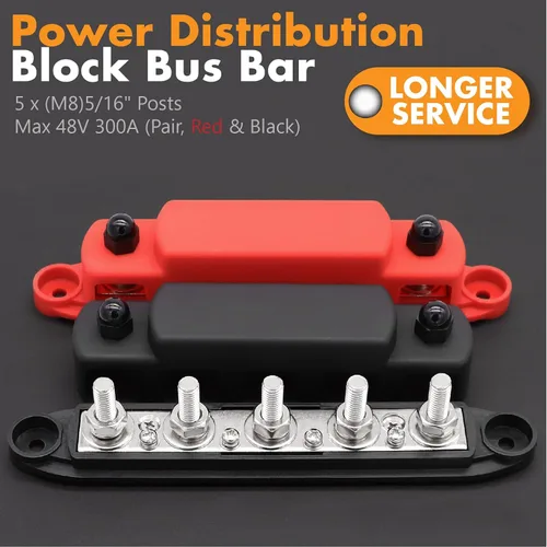 Miniatura 3 de Barra colectora de 5 postes 300A, perno de 5/16 pulgadas para 4 AWG y 2 AWG, bloque de distribución de energía con tapa, tacos y kit