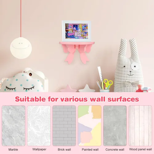 Miniatura 6 de DOITOOL Estante flotante de madera de estilo nórdico, soporte de almacenamiento de pared, diseño de lazo rosa para habitación de niños, dormitorio