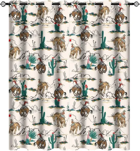 Miniatura 35 de Cortinas opacas retro de vaquero occidental para dormitorio, estilo rústico, cactus, salvaje oeste, vaquero, paseo, caballo, con ojales, aislamiento