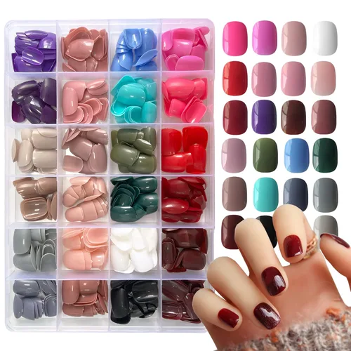 AddFavor 576 uñas postizas cortas a presión de 24 colores, uñas postizas brillantes, cobertura completa, color sólido, puntas de uñas postizas