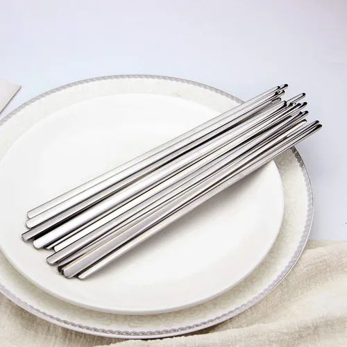 Miniatura 9 de IQCWOOD - Palillos de metal, 10 pares de palillos planos de acero inoxidable, palillos de metal reutilizables de alta calidad, 8.66 pulgadas