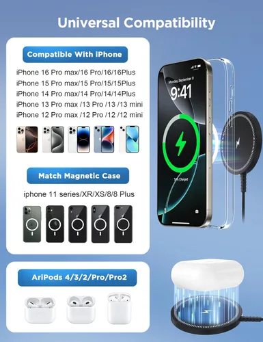 Miniatura 3 de Cargador inalámbrico magnético de carga rápida con imán fuerte almohadilla de carga para iPhone 17/16/15/14/13/12 - Serie y AirPods Pro 4-2, puertos