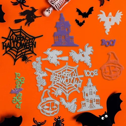 Miniatura 5 de Troqueles de corte de fantasma de Hello Halloween, marco de ventana de hoja de calabaza de murciélago troquelado, plantilla de metal para hacer