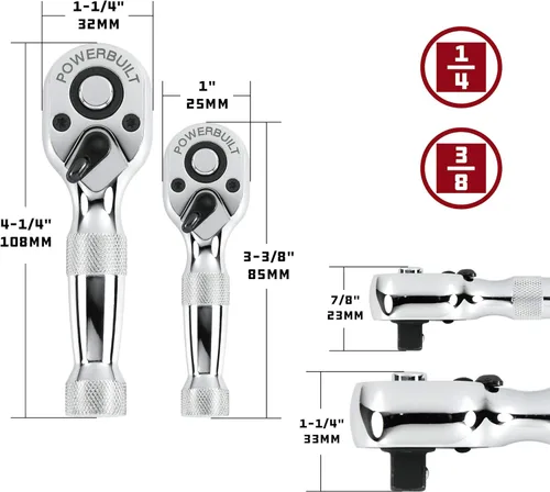 Miniatura 3 de Powerbuilt Juego de 2 piezas de trinquete corto de 1/4 pulgadas y 3/8 pulgadas, liberación rápida reversible de 72 dientes, espacios reducidos