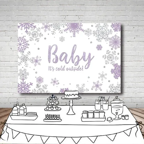 Miniatura 4 de MEHOFOND Fondo de fotos de baby shower de invierno para niña, accesorios de fondo de copos de nieve morados y plateados, decoración de fiesta
