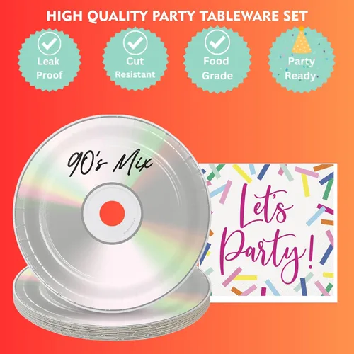 Miniatura 6 de Suministros para fiestas de los 90 – Platos redondos de postre de papel con CD de los años 90 y servilletas de confeti "Let's Party