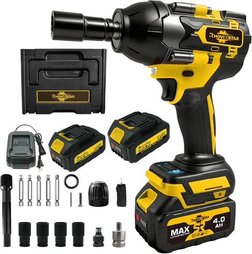 Rhovixster Pistola de impacto inalámbrica de 1/2, juego de llaves de impacto, impacto de 1/2 torsión, motor sin escobillas, pistolas de impacto de