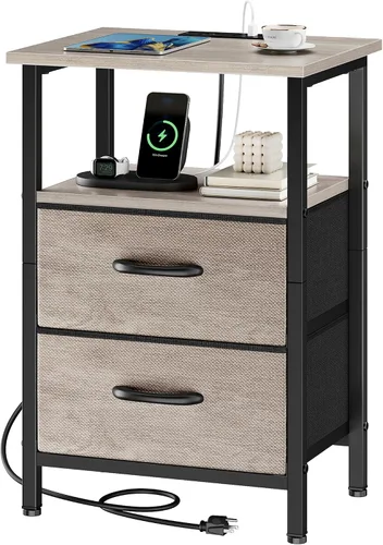 Miniatura 19 de Vagusicc Nightstand with Charging Station, End Table Bedside Table with 2 Fabric Drawers, Black Night Stand with USB Ports & Outlets, 24.2" Tall Bed