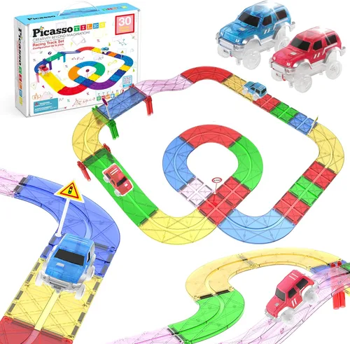 Miniatura 10 de PicassoTiles Azulejos Magnéticos de Construcción Pista de Autos Vehículo Magnético Tema de Aventura Calle Impresa Carretera Pista Autopista Bloque