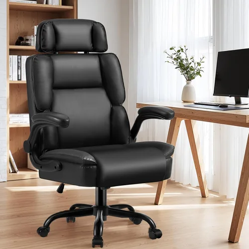 Miniatura 2 de Cómoda silla de oficina con reposacabezas ajustable, silla de escritorio ejecutiva de cuero con soporte lumbar, función mecedora, silla ergonómica
