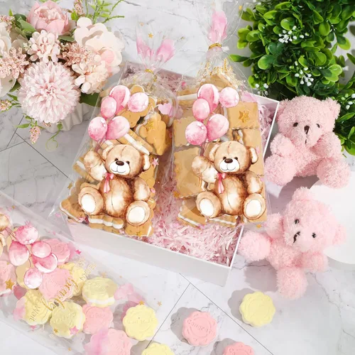 Miniatura 6 de Maitys 100 bolsas de celofán de oso para baby shower, bolsas de plástico para dulces con 100 lazos dorados, bolsas de regalo para revelación de Rosa
