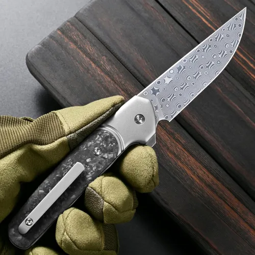 Miniatura 6 de Sitivien ST252 Cuchillo plegable de acero Damasco, hoja de damasco, mango de fibra de carbono de titanio, cuchillo EDC para acampar al aire libre