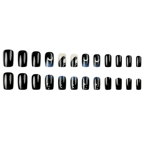 Miniatura 5 de Uñas postizas a presión de Halloween, uñas postizas cuadradas cortas con diseños de gato negro, acabado degradado brillante, cobertura completa