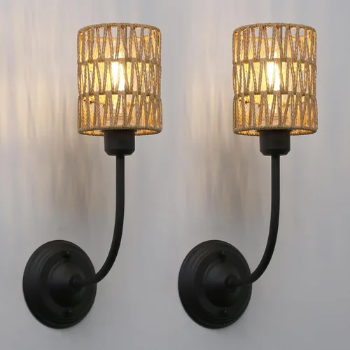 Yosoan Juego de 2 lámparas de pared de ratán estilo bohemio envueltas, lámparas de estilo granja vintage con cableado fijo dorado, trenzado de latón
