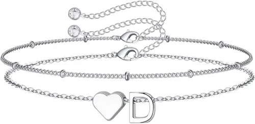 Miniatura 10 de M MOOHAM Pulseras de oro con inicial de corazón para mujer, pulseras con dije de letra A-Z de corazón dorado en capas para mujer, pulseras