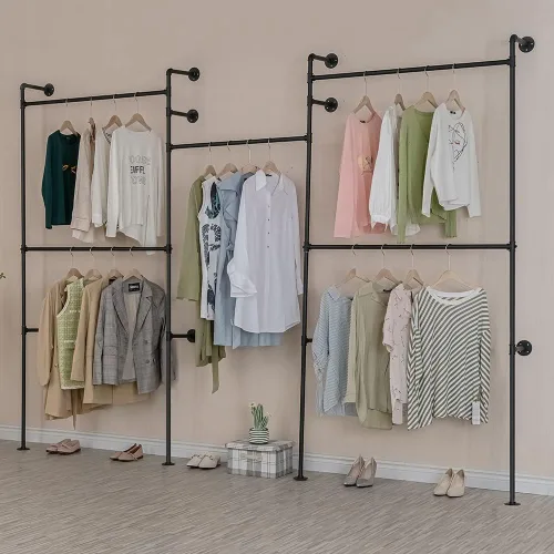 Miniatura 6 de Perchero Industrial de Tubería con 2 Estantes, Perchero de Ropa de Servicio Pesado Montado en Pared Soportes de Exhibición de Tienda de Ropa