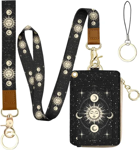 bolimoss Soporte para credencial de sol y luna y cartera con cordón, cordones removibles para maestras, cartera para mujeres con correa para la