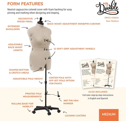 Miniatura 4 de Dritz My Double Designer Forma de Vestido Ajustable Mediana, Tallas Femeninas US 14–20, Maniquí de Costura con Torso Corporal Pinchable, 13 Diales