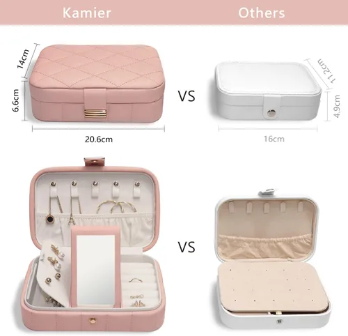Miniatura 3 de KAMIER Joyero de piel sintética Joyero acolchado de diamante de viaje con espejo para anillos, aretes, collar, organizador de joyas portátil