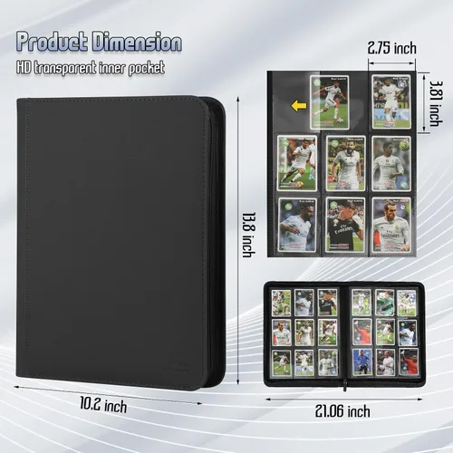 Miniatura 2 de Carpeta para tarjetas de 9 bolsillos, capacidad 540 con cierre de cremallera, de doble cara, resistente y elegante, protector de piel sintética