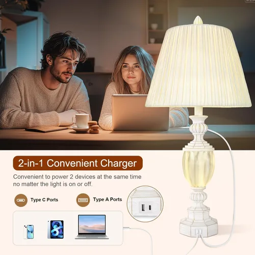 Miniatura 4 de Juego de 2 lámparas de mesa rústicas de 27" con luz nocturna para dormitorio, sala de estar, carga USB, lámpara de mesita de noche de granja