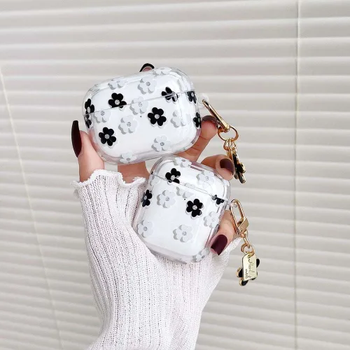 Miniatura 3 de Funda protectora para AirPods Pro de 1ª generación con llavero, bonita funda protectora para auriculares con flores negras y flores, TPU suave