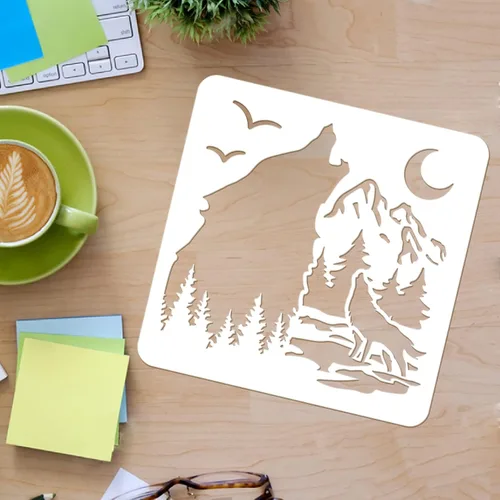 Miniatura 3 de FINGERINSPIRE Plantillas de decoración de lobo de 11.8 x 11.8 pulgadas, plantillas de plástico para dibujar y pintar con la luna del bosque
