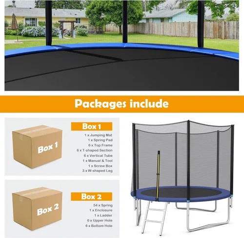 Miniatura 8 de GYMAX - Trampolín recreativo de 8, 10, 12, 14, 15 y 16 pies, con red de seguridad y escalera, certificado por ASTM, trampolín para exteriores