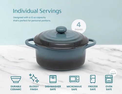 Miniatura 7 de Kook Juego de Mini Cocotte Cerámica, Cazuelas Pequeñas con Tapa y Asas, Ramekins de Horneado Individuales, Apto para Horno, Microondas y Piedra Ombre