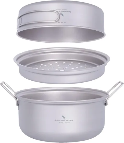 Miniatura 10 de iBasingo Juego de olla de vapor de titanio de 1.8 L y sartén para freír olla ultraligera portátil para acampar al aire libre mochilero cocina hogar