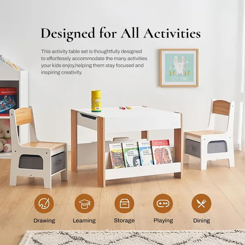Miniatura 4 de LuxenHome - Juego de mesa y sillas para niños pequeños con mesa reversible, juego de mesa de actividades multifuncional para niños y sillas