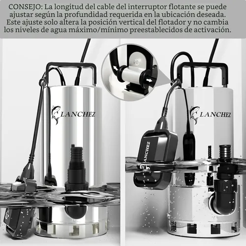 Miniatura 9 de LANCHEZ Bomba de sumidero de 1.6 HP 6000 GPH, bomba de agua sumergible de alto flujo de acero inoxidable con interruptor de flotador, bomba de agua