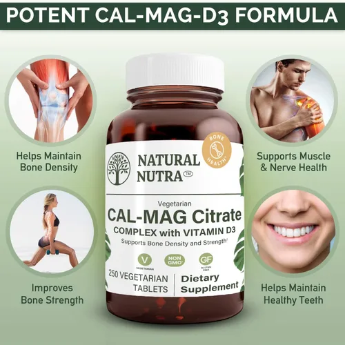 Miniatura 3 de Natural Nutra Cal-Mag 1000/500 mg Citrato con vitamina D3, fortalece la densidad ósea, la salud muscular y nerviosa, fuentes altamente
