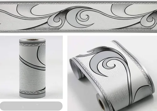 Miniatura 2 de REDODECO Elegante papel tapiz de moldura gris plateado, borde decorativo para techo, para baño, sala de estar, cocina, 4 pulgadas por 32.8 pies