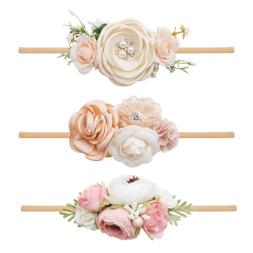 Miniatura 12 de Diademas de niña de nylon con flores elásticas, 3 piezas, accesorios para el pelo, regalo para recién nacidos, bebés y niños pequeños (TU-HDJ-3PCS)