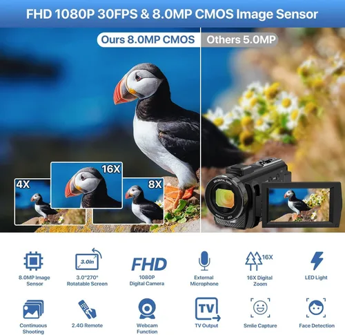 Miniatura 2 de Cámara de Video Videocámara Digital YouTube Vlogging Cámara Grabadora FHD 1080P 24.0MP 3.0 Pulgadas Pantalla de Rotación de 270 Grados 16X Zoom