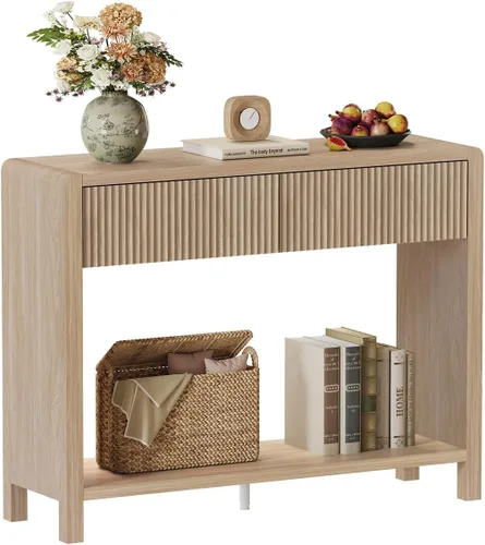 Miniatura 10 de FATORRI Mesa consola para entrada, moderna mesa de sofá con 2 cajones para sala de estar, mesas de pasillo de madera y mesas de sofá detrás del sofá