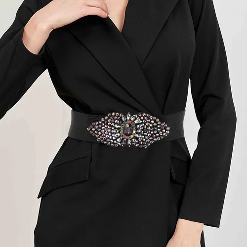 Miniatura 2 de Wriidy Cinturón elástico con diamantes de imitación, cinturón de vestir ancho negro, cinturones elásticos para mujer, accesorios de joyería