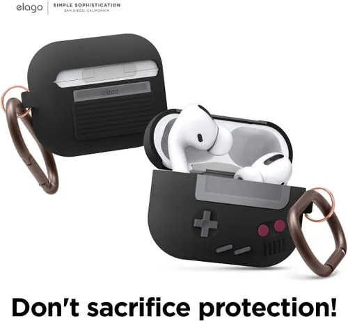 Miniatura 2 de elago AW5 - Funda compatible con AirPods Pro, diseño clásico de consola de juegos portátil con llavero, construcción de silicona duradera, Negro