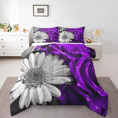 Miniatura 26 de Juego de edredón de rosas rojas, tamaño individual, juego de ropa de cama floral rojo degradado negro para niñas, mujeres, niños, adolescentes