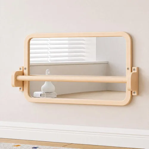 Miniatura 10 de Woodtoe Espejo Montessori con barra, juguetes ajustables para bebés, marco de madera maciza sin pintar natural y barra de dominadas para bebés