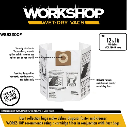 Miniatura 3 de WORKSHOP Wet/Dry Vacs Bolsas de filtro WS32200F - Bolsa de vacío para recolección de polvo fino (2 bolsas de polvo), el filtro de bolsa contiene