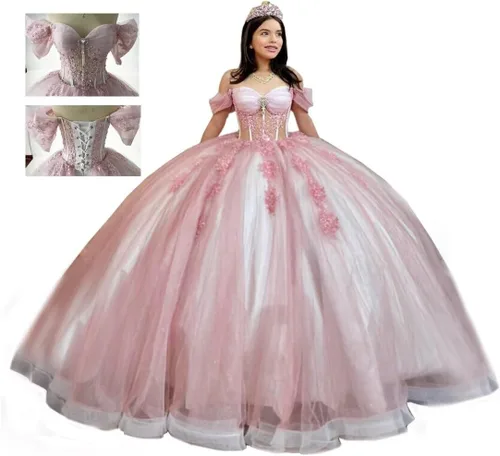 Miniatura 4 de Mouccy Vestidos de quinceañera de encaje con purpurina con cuentas y hombros descubiertos dulces 16 vestidos con tren perlado XV vestidos